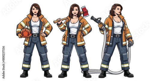 Set of vector illustrations of female firefighters in strong emergency poses, perfect for safety education, rescue training, and fire service promotional materials