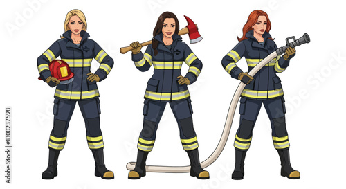 Set of vector illustrations of female firefighters in strong emergency poses, perfect for safety education, rescue training, and fire service promotional materials