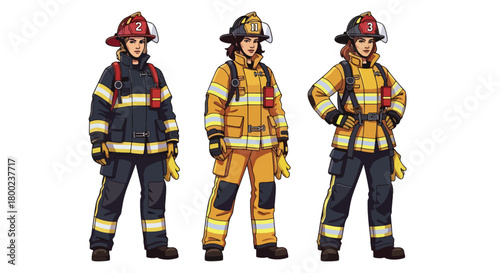 Set of vector illustrations of female firefighters in strong emergency poses, perfect for safety education, rescue training, and fire service promotional materials