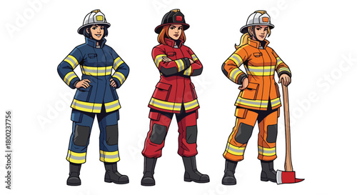 Set of vector illustrations of female firefighters in strong emergency poses, perfect for safety education, rescue training, and fire service promotional materials