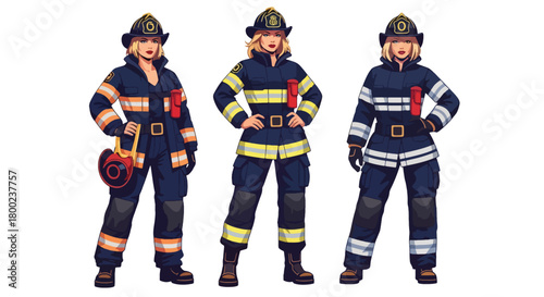 Set of vector illustrations of female firefighters in strong emergency poses, perfect for safety education, rescue training, and fire service promotional materials