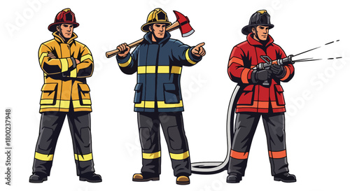 Set of vector illustrations of male firefighters in action-ready poses, suitable for emergency service materials, safety education, and fire department