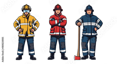 Set of vector illustrations of male firefighters in action-ready poses, suitable for emergency service materials, safety education, and fire department