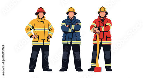 Set of vector illustrations of male firefighters in action-ready poses, suitable for emergency service materials, safety education, and fire department