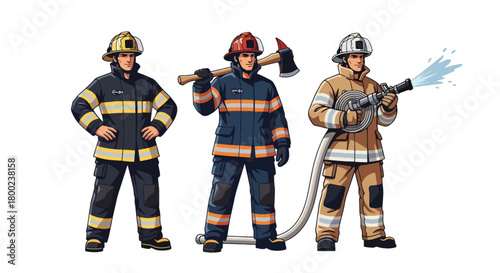 Set of vector illustrations of male firefighters in action-ready poses, suitable for emergency service materials, safety education, and fire department