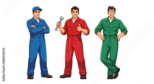 Set of vector illustrations of male mechanics in professional workshop poses, ideal for automotive service branding, repair marketing, and technical education