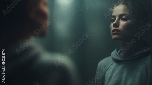 Pensive young woman with a somber expression looking at her reflection in a blurred, wet mirror, symbolizing self-reflection, body image issues, or eating disorders.