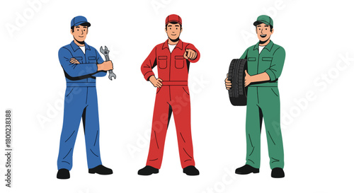 Set of vector illustrations of male mechanics in professional workshop poses, ideal for automotive service branding, repair marketing, and technical education