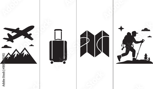 Pictorial journey showcasing ascending plane, packed luggage, unfolded map, and an explorer with transparent background