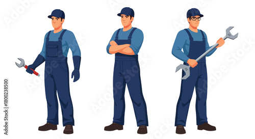 Set of vector illustrations of male mechanics in professional workshop poses, ideal for automotive service branding, repair marketing, and technical education