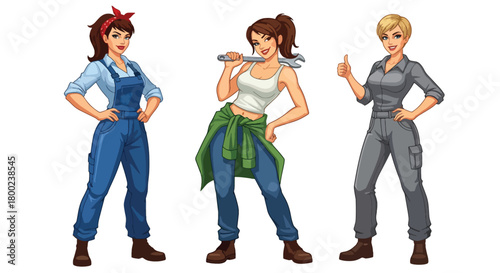Set of vector illustrations of female mechanics in work poses with tools, perfect for automotive branding, repair service marketing, and technical training materials