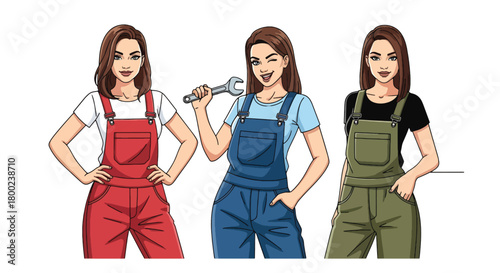 Set of vector illustrations of female mechanics in work poses with tools, perfect for automotive branding, repair service marketing, and technical training materials