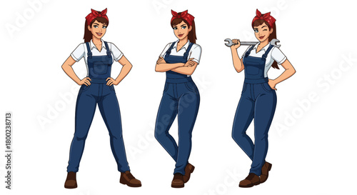 Set of vector illustrations of female mechanics in work poses with tools, perfect for automotive branding, repair service marketing, and technical training materials
