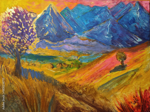 Spring is coming. Landscape. Acrylic painting.