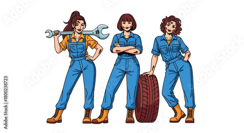 Set of vector illustrations of female mechanics in work poses with tools, perfect for automotive branding, repair service marketing, and technical training materials