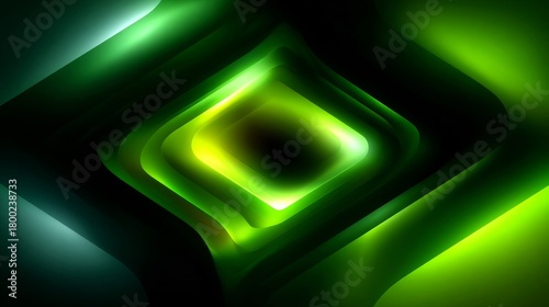 Fototapeta Naklejka Na Ścianę i Meble -  Modern, symmetrical 3D render of abstract green and lime glowing concentric rhombus shapes, creating a dark, futuristic tunnel or portal effect.