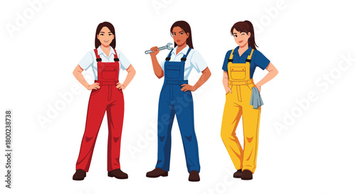 Set of vector illustrations of female mechanics in work poses with tools, perfect for automotive branding, repair service marketing, and technical training materials