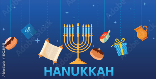 Happy Hanukkah, Traditional Jewish Winter holiday banner with festive symbols, donuts, oil jar, Menorah, Torah scroll, and gifts. Good for greeting cards, posters, and seasonal marketing materials.