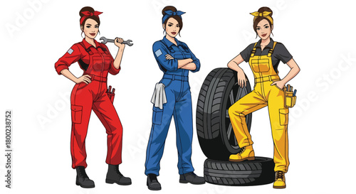 Set of vector illustrations of female mechanics in work poses with tools, perfect for automotive branding, repair service marketing, and technical training materials