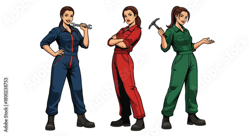 Set of vector illustrations of female mechanics in work poses with tools, perfect for automotive branding, repair service marketing, and technical training materials