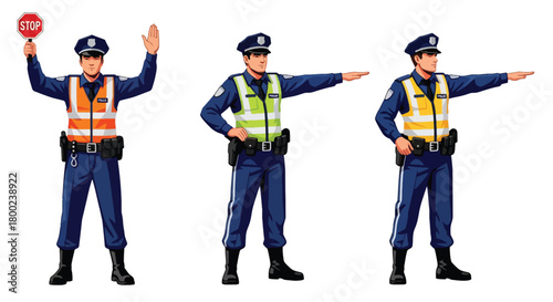 Set of vector illustrations of male traffic police officers managing vehicle flow, ideal for road safety education, transportation materials, and public guidance content