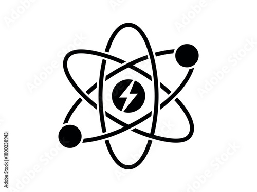 A stylized atom symbol with a lightning bolt in the nucleus represents science and energy.