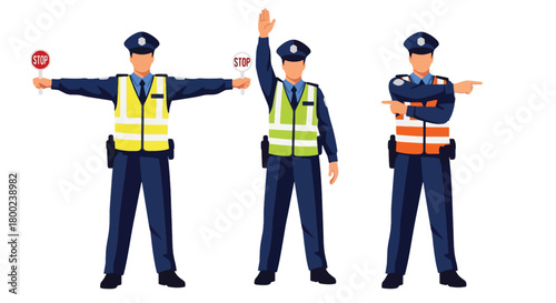 Set of vector illustrations of male traffic police officers managing vehicle flow, ideal for road safety education, transportation materials, and public guidance content