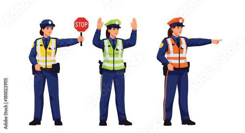 Set of vector illustrations of female traffic police officers directing vehicles, perfect for transportation safety, traffic education, and public instruction materials