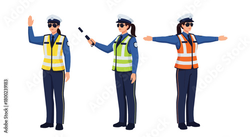 Set of vector illustrations of female traffic police officers directing vehicles, perfect for transportation safety, traffic education, and public instruction materials