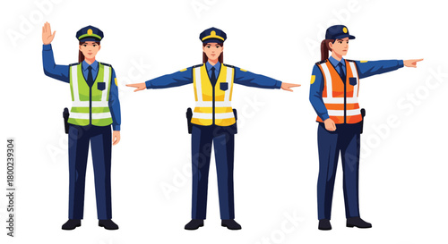 Set of vector illustrations of female traffic police officers directing vehicles, perfect for transportation safety, traffic education, and public instruction materials