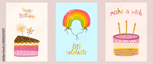 Set of Birthday lovely greeting card with rainbow-balloon, Birthday cake with candles and piece of cake with sparkler