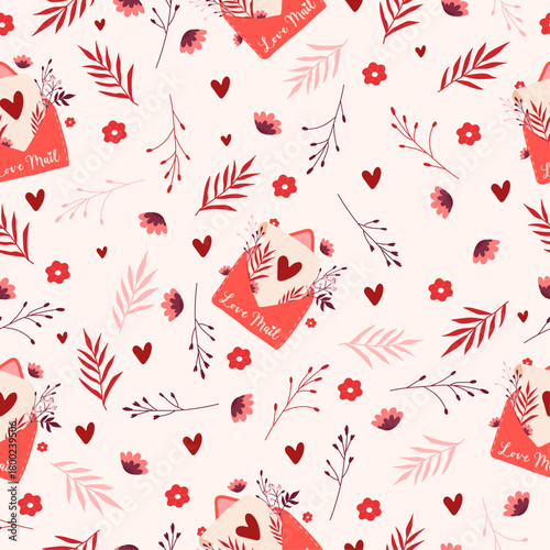 Hand drawn vector pattern with cute envelope with flowers and herbs in flat doodle style. Valentine vector background for textile and paper. Love mail wallpapers in cartoon stylisation
