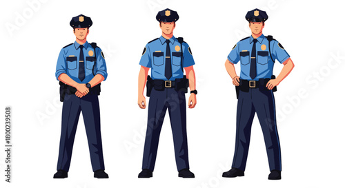 Set of vector illustrations of male police officers in strong duty poses, ideal for law enforcement training, safety education, and public service materials