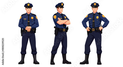 Set of vector illustrations of male police officers in strong duty poses, ideal for law enforcement training, safety education, and public service materials