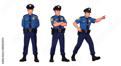 Set of vector illustrations of male police officers in strong duty poses, ideal for law enforcement training, safety education, and public service materials