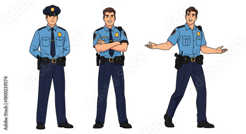 Set of vector illustrations of male police officers in strong duty poses, ideal for law enforcement training, safety education, and public service materials