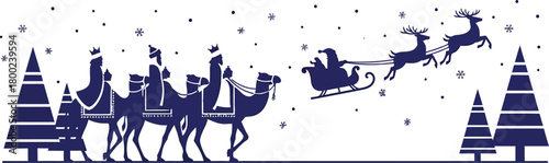 Christmas scene silhouette of three wise men on camels and santa claus sleigh