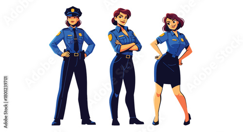 Set of vector illustrations of female police officers in confident duty poses, suitable for safety education, law enforcement materials, and public service communication