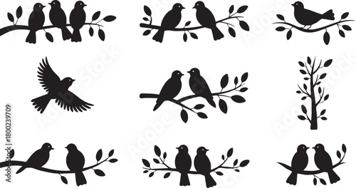 Collection of black bird silhouettes perched on branches with leaves design