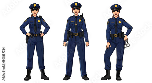 Set of vector illustrations of female police officers in confident duty poses, suitable for safety education, law enforcement materials, and public service communication