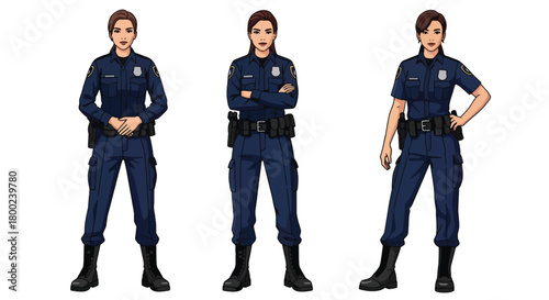Set of vector illustrations of female police officers in confident duty poses, suitable for safety education, law enforcement materials, and public service communication