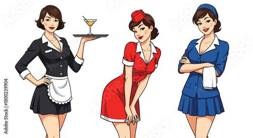 Set of vector illustrations of female waitresses in various service poses, perfect for cafe branding, hospitality materials, menus, and customer-friendly marketing