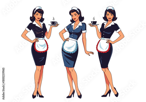 Set of vector illustrations of female waitresses in various service poses, perfect for cafe branding, hospitality materials, menus, and customer-friendly marketing