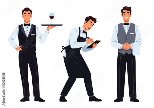 Set of vector illustrations of male waiters in professional service poses, ideal for restaurant branding, hospitality training, menus, and customer service marketing