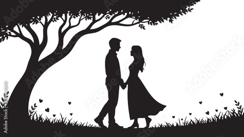 Silhouette of a couple holding hands under a tree surrounded by hearts evokes romance