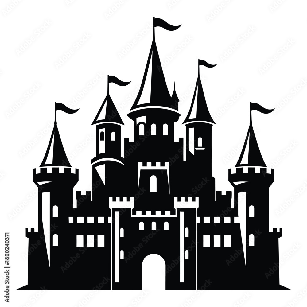 Obraz premium Magnificent medieval castle with turrets and flags in silhouette design