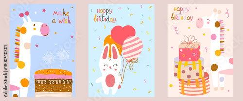 Set of Birthday greeting card with cute giraffe, bunny, gifts, balloons and Birthday cake