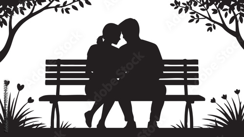 Silhouette of a couple relaxing closely together on a park bench in a romantic setting