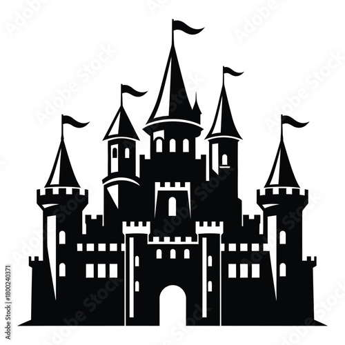 Magnificent medieval castle with turrets and flags in silhouette design