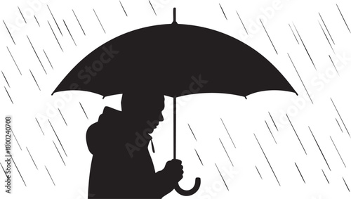 Silhouette of a hooded man standing in rain under an umbrella on a white background